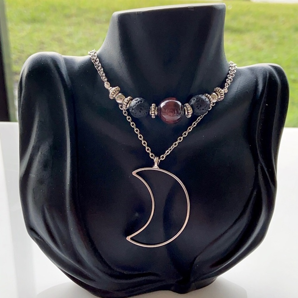 Red tiger eye & lava rock beads moon necklace